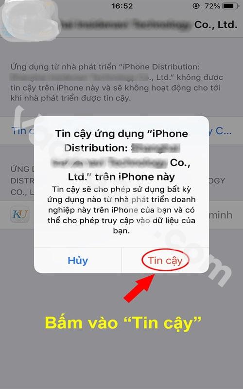 Chọn tin cậy để cài đặt về điện thoại