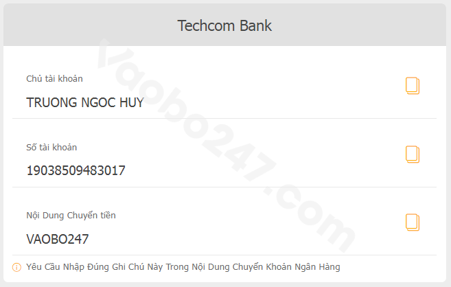 Copy thông tin về số tài khoản và nội dung chuyển khoản xuất hiện trên màn hình 