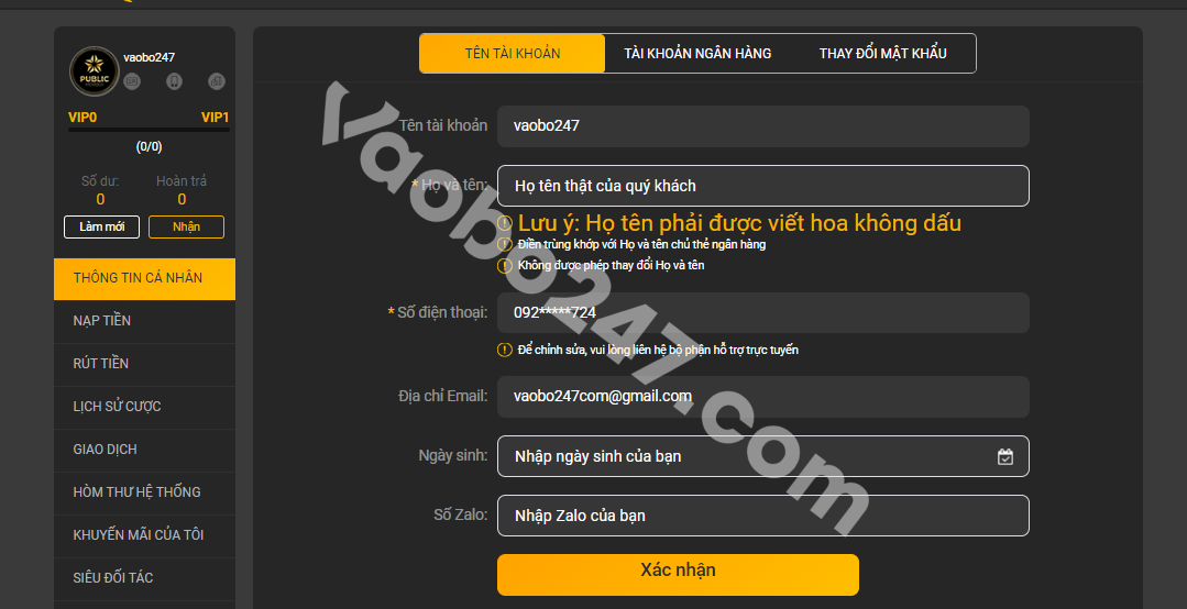 Điền các thông tin cá nhân mà nhà cái 888b yêu cầu