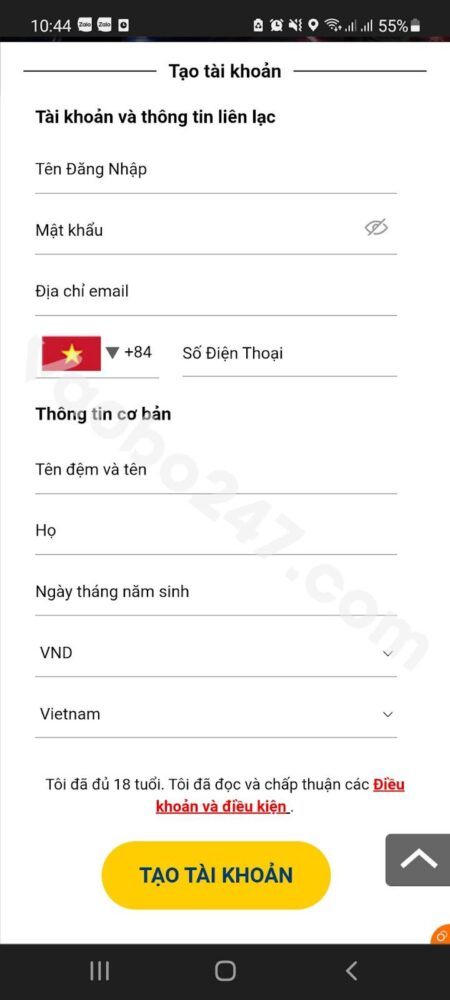 Điền các thông tin tạo tài khoản 