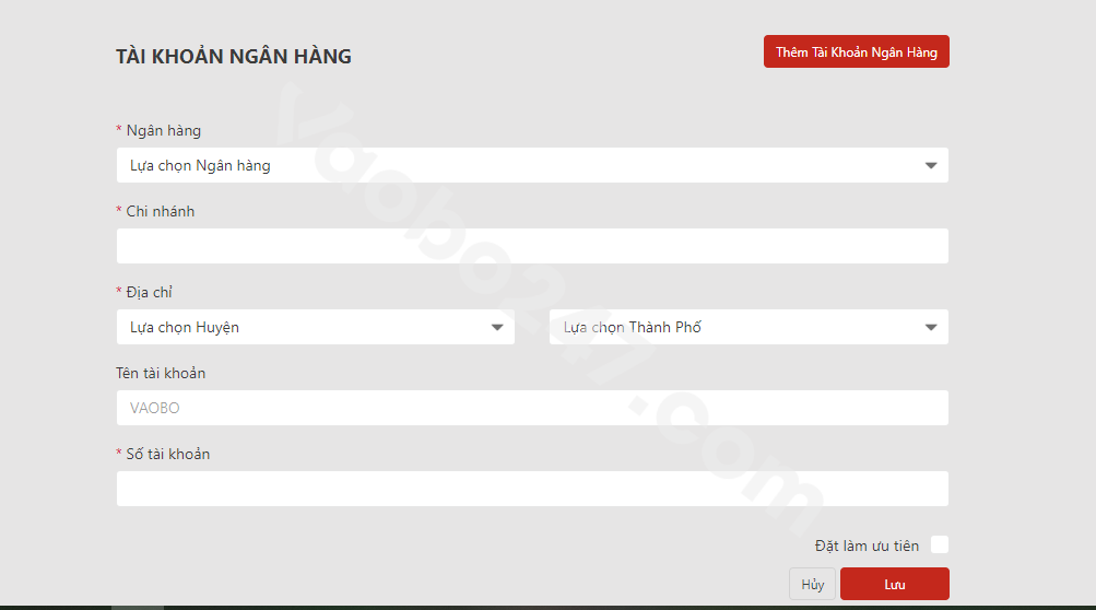 Điền đầy đủ thông tin để liên kết tài khoản ngân hàng với nhà cái