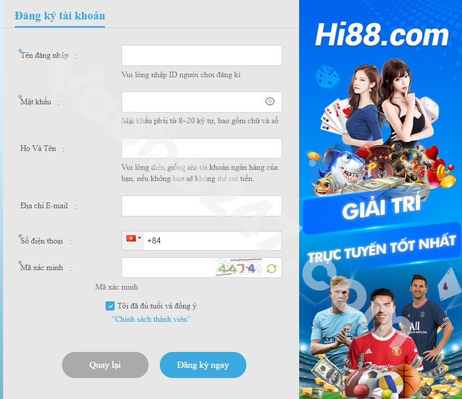 Điền đầy đủ thông tin trên form đăng ký Hi88