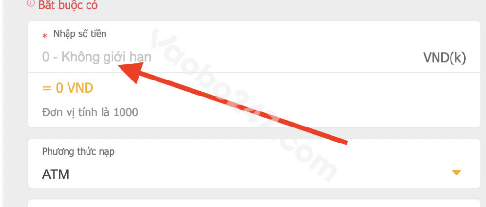Điền số tiền muốn nạp 