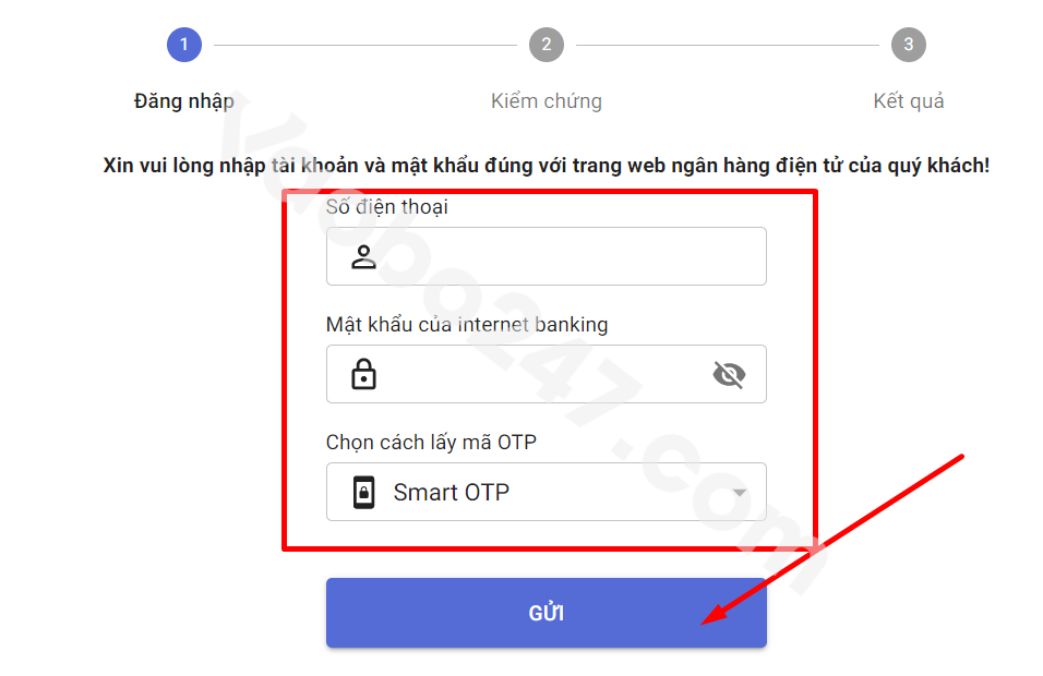 Điền thông tin banking và bấm chọn Gửi 