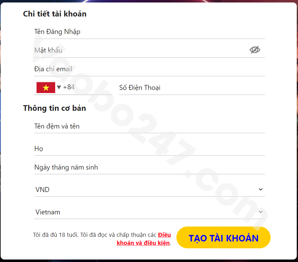 Điền thông tin đăng ký Nextbet