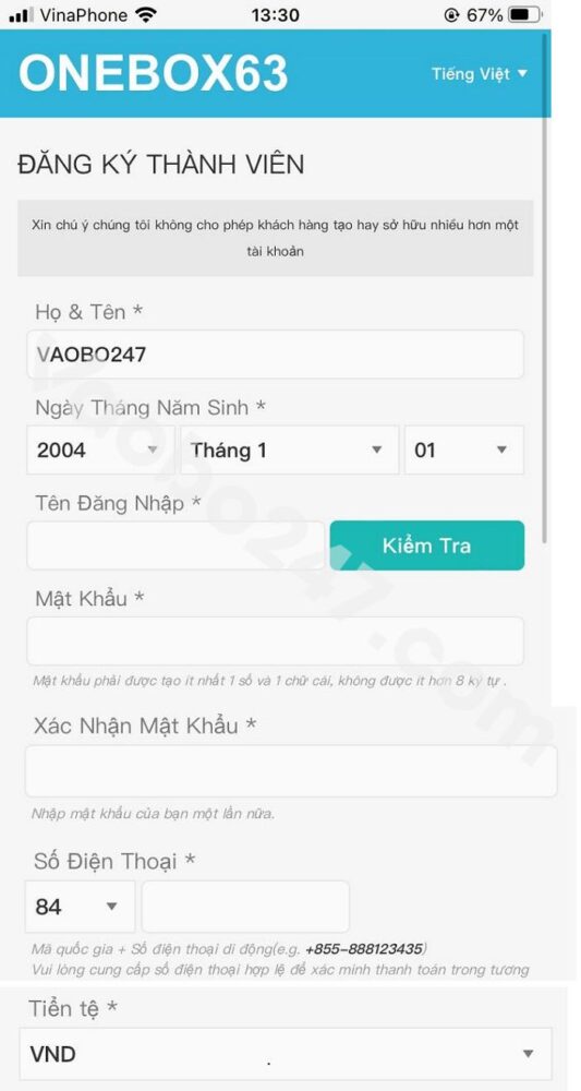 Điền thông tin đăng ký tài khoản Onebox63