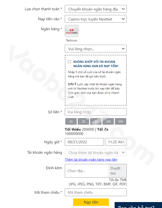 Điền thông tin để nạp tiền Nextbet
