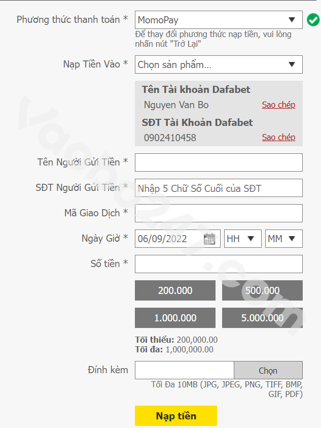 Điền thông tin nạp tiền Dafabet 