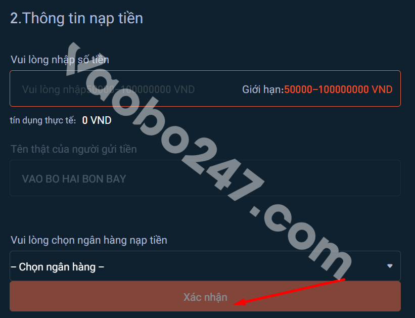 Điền thông tin nạp tiền và bấm chọn Xác nhận 