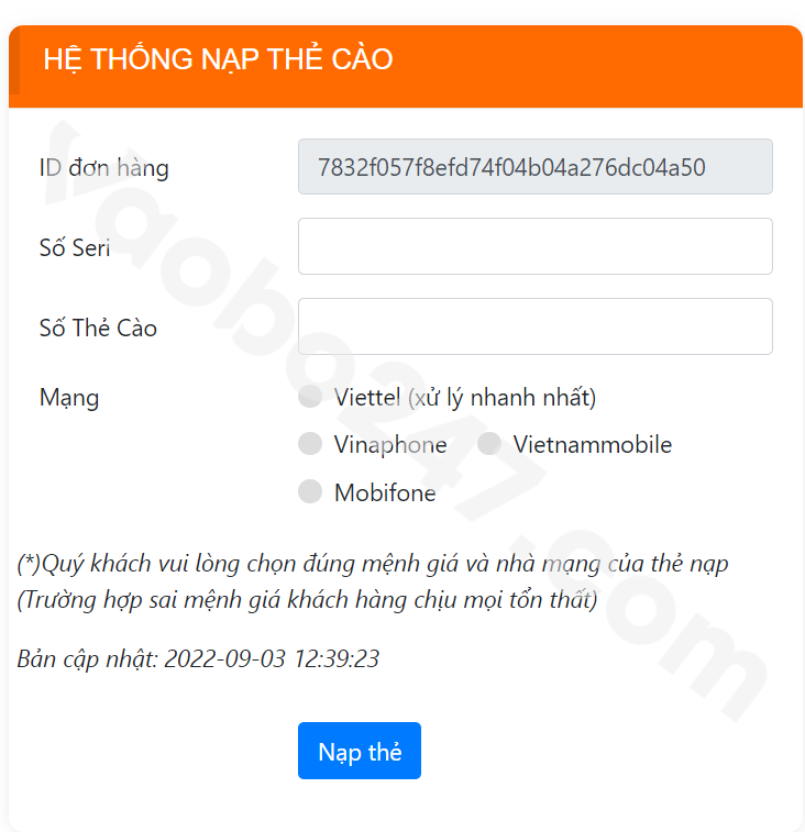 Điền thông tin số thẻ và số seri