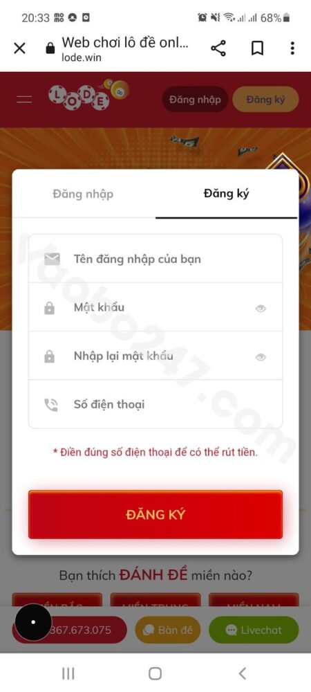 Điền thông tin vào form đăng ký Lode88 