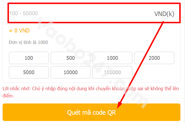 Điền thông tin về số tiền nạp 