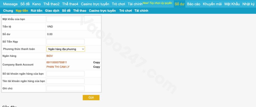 Form điền thông tin yêu cầu nạp tiền 