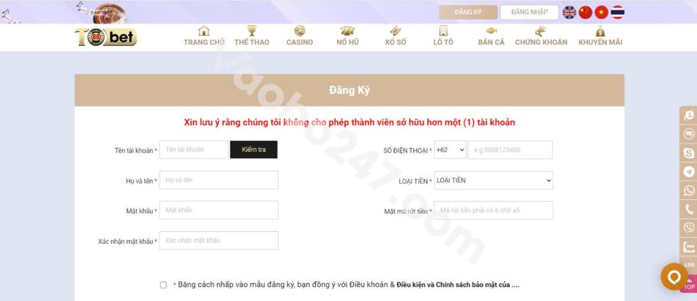  Giao diện để đăng ký tài khoản cá cược Tobet88