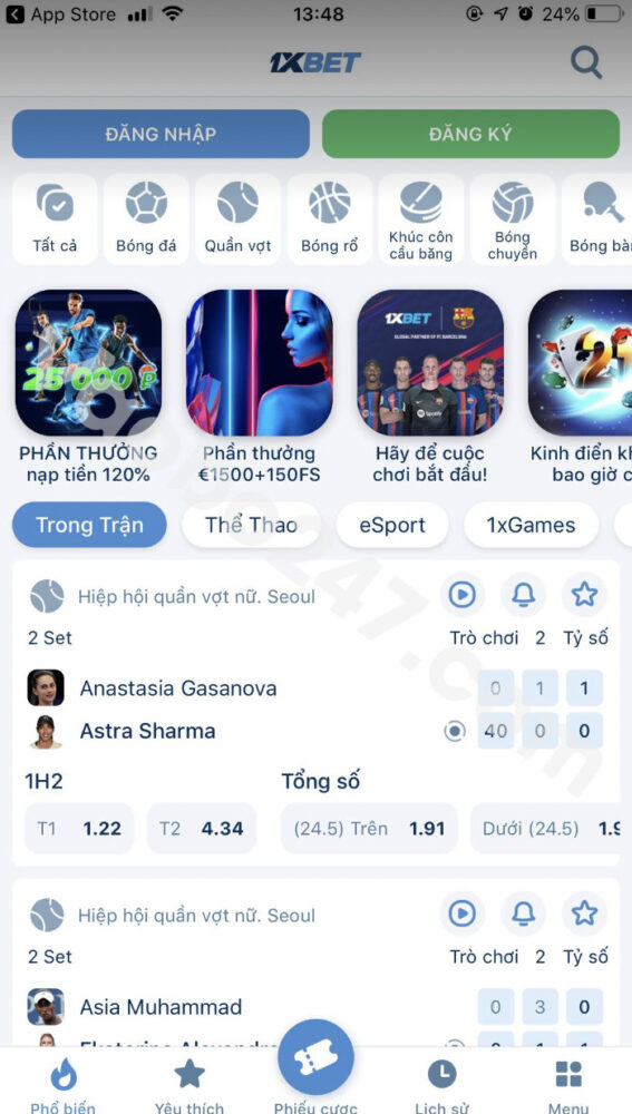 Giao diện trang chủ nhà cái 1xbet trên phiên bản app 