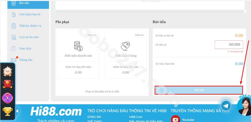 Hoàn tất quá trình rút tiền Hi88