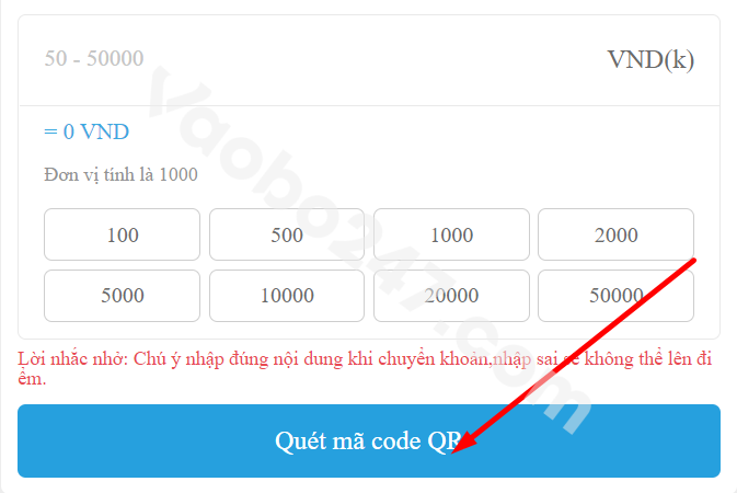 Người chơi nhấn vào ô "quét mã code QR"