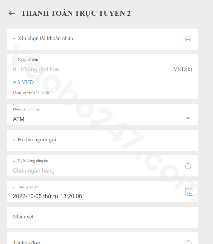 Điền đầy đủ thông tin trên form nạp tiền