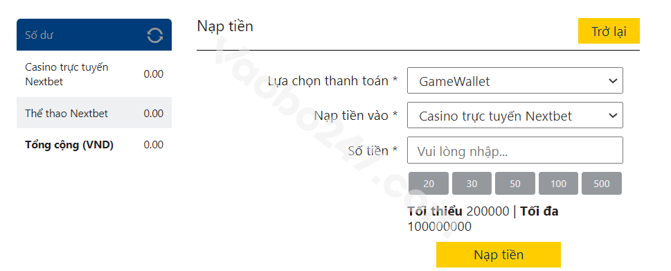 Nạp tiền Nextbet qua Game Wallet