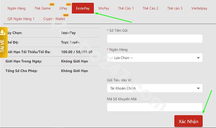 Nạp tiền qua Eezie Pay