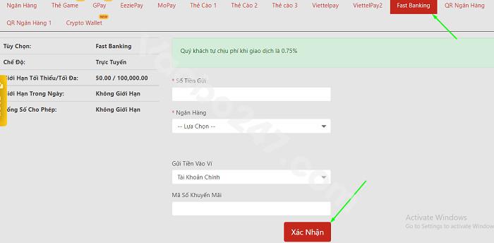 Nạp tiền qua Fast Banking