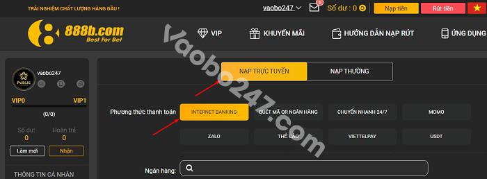 Nạp tiền qua Internet Banking