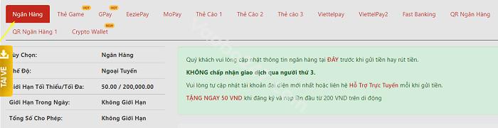 Nạp tiền qua tài khoản ngân hàng