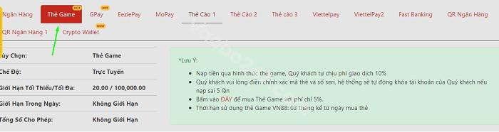 Nạp tiền VN88 qua thẻ game