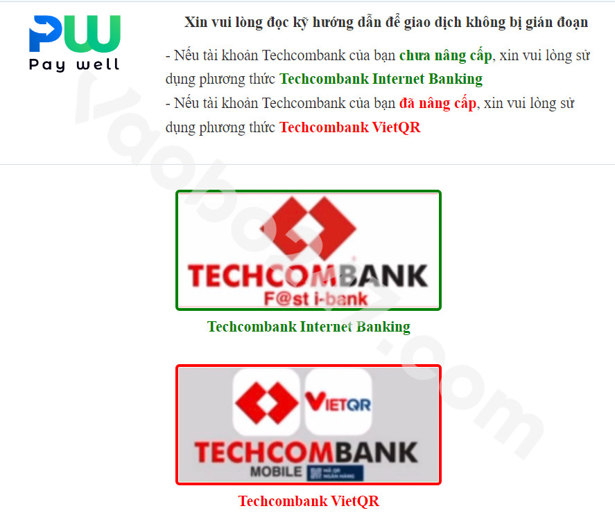 Người chơi chọn internet banking hoặc VietQR để giao dịch