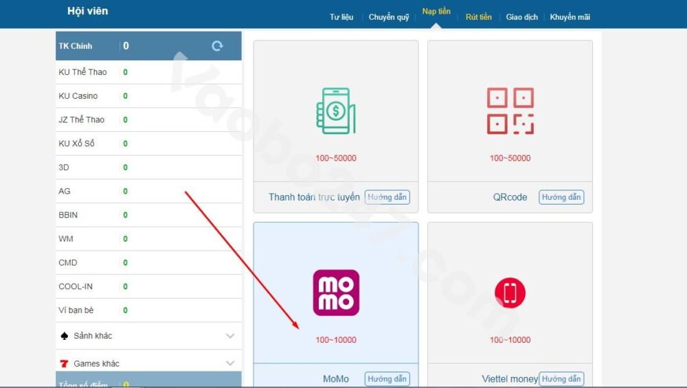Người chơi hãy chọn vào phương thức giao dịch Momo