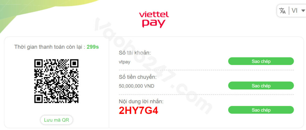 Người chơi mở ứng dụng Viettel pay rồi quét mã hoặc copy số tài khoản và giao dịch 