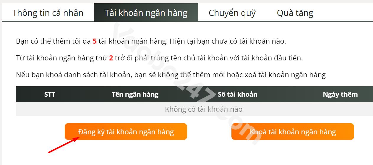 Người chơi nhấn chọn "Đăng ký tài khoản ngân hàng"