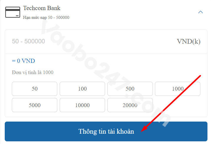 Người chơi nhấn chọn mục thông tin tài khoản 