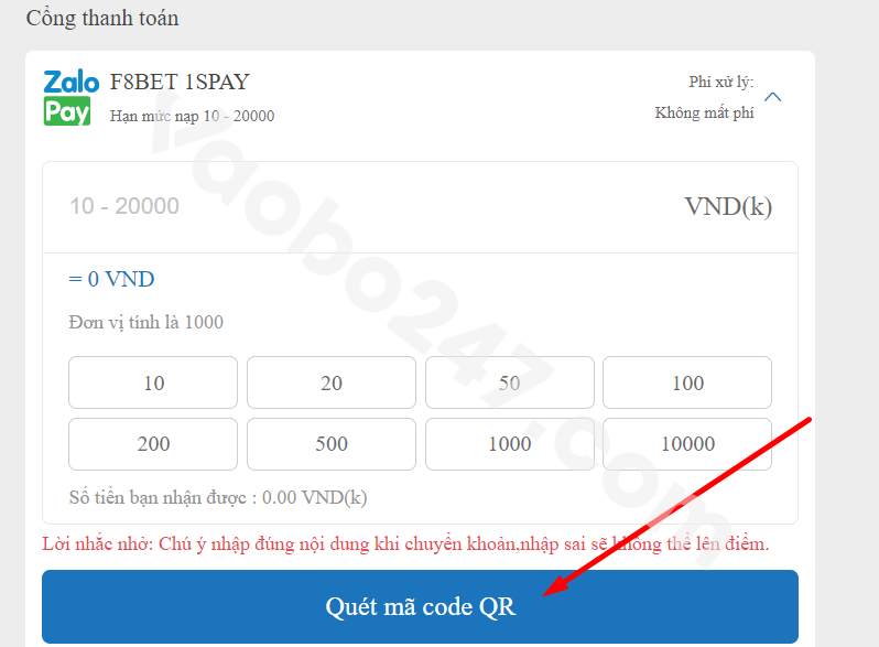 Người chơi nhấn ô "quét mã code QR" ở cuối