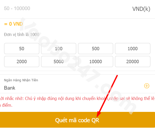 Người chơi nhấn quét mã code QR để thực hiện giao dịch 