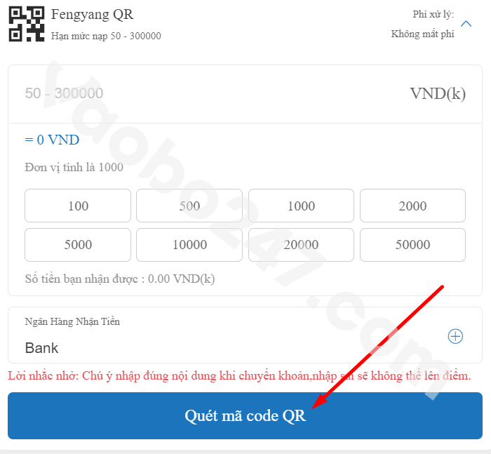 Người chơi nhấn vào ô "quét mã code QR"