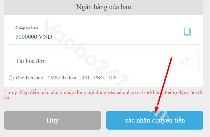 Người chơi nhấn vào ô "xác nhận chuyển tiền"