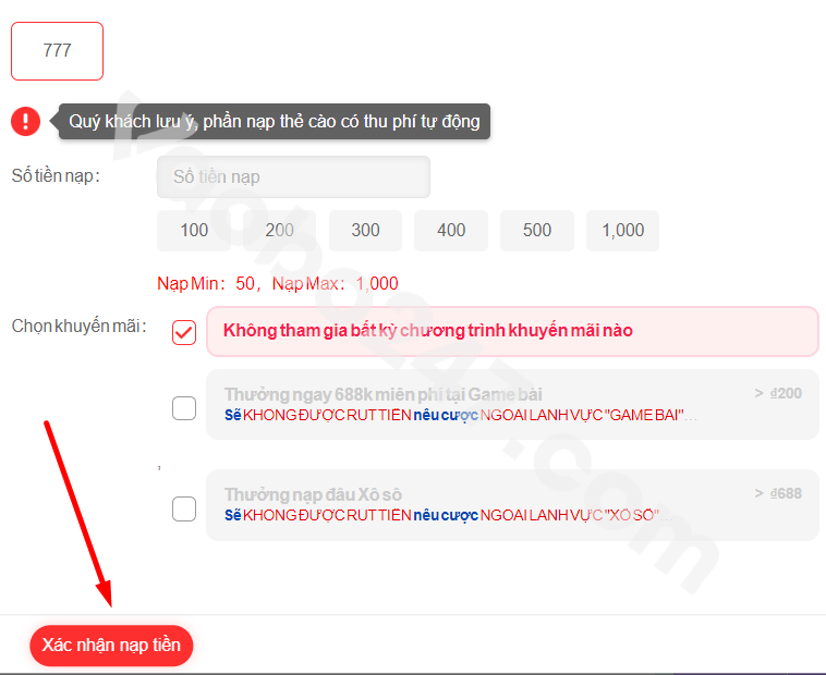 Người chơi nhấn vào ô xác nhận nạp tiền ở cuối cùng