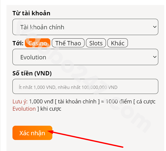 Người chơi nhấn "xác nhận" để thực hiện lệnh chuyển quỹ 