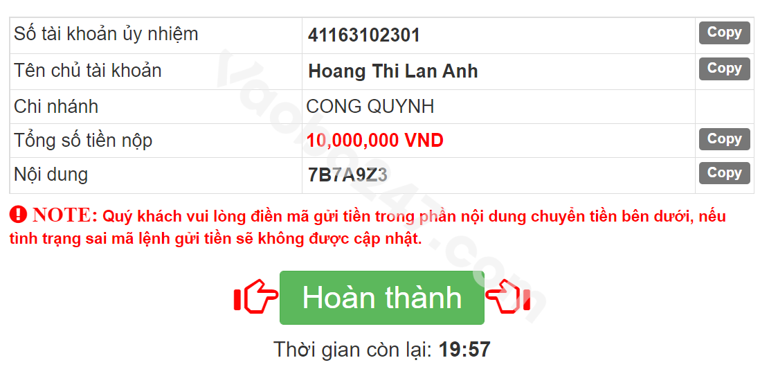 Người chơi thực hiện lệnh chuyển tiền 