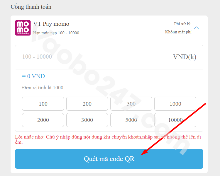 Nhấn chọn quét mã code QR