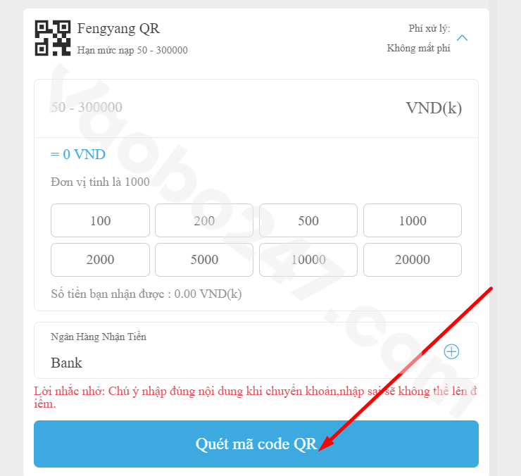 Nhấn chọn quét mã QR để màn hình hiển thị mã 