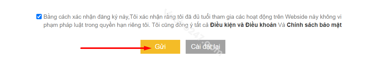 Nhấn gửi để hoàn thành việc đăng ký tài khoản tại nhà cái Tinycat99