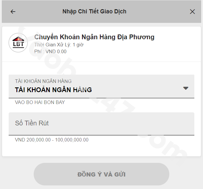 Nhập các thông tin rút tiền 