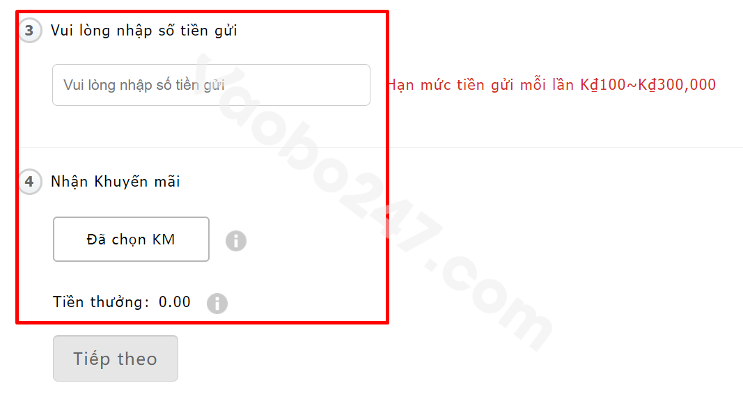 Nhập số tiền gửi và chọn khuyến mãi 