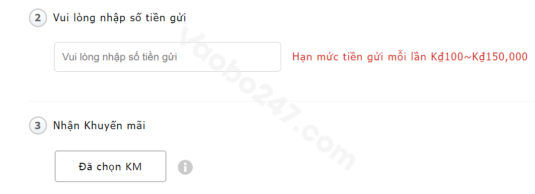 Nhập số tiền gửi và khuyến mãi 