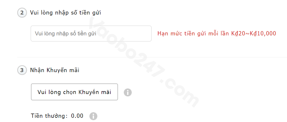 Nhập số tiền muốn nạp và khuyến mãi đi kèm 