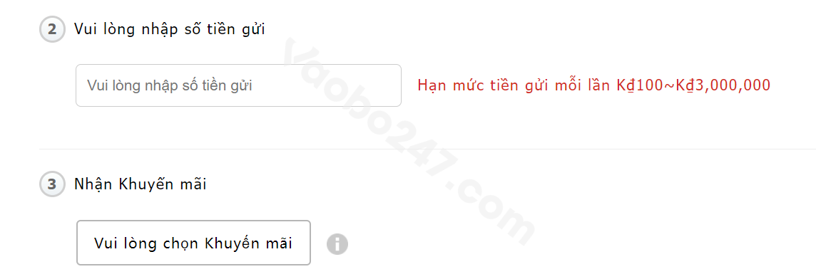 Nhập số tiền và lựa chọn khuyến mãi 