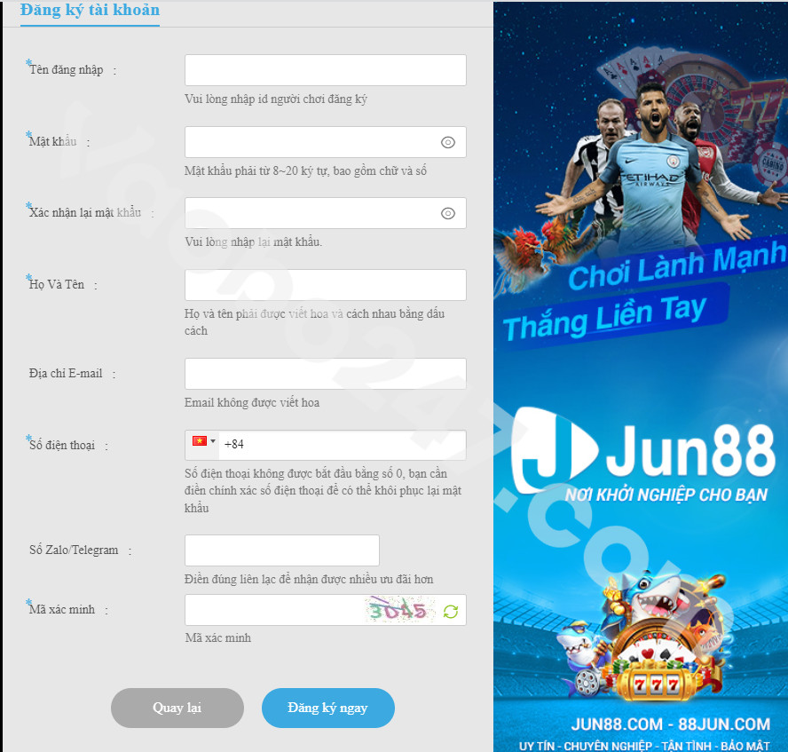 Những thông tin mà người chơi cần điền để đăng ký Jun88 