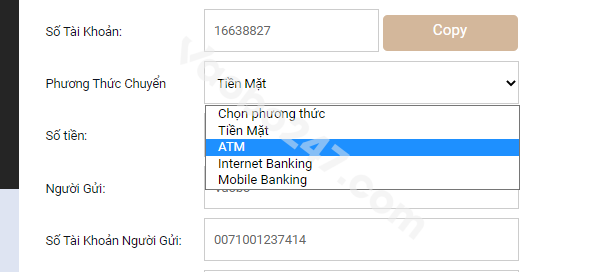 Phương thức nạp tiền bằng hình thức ATM